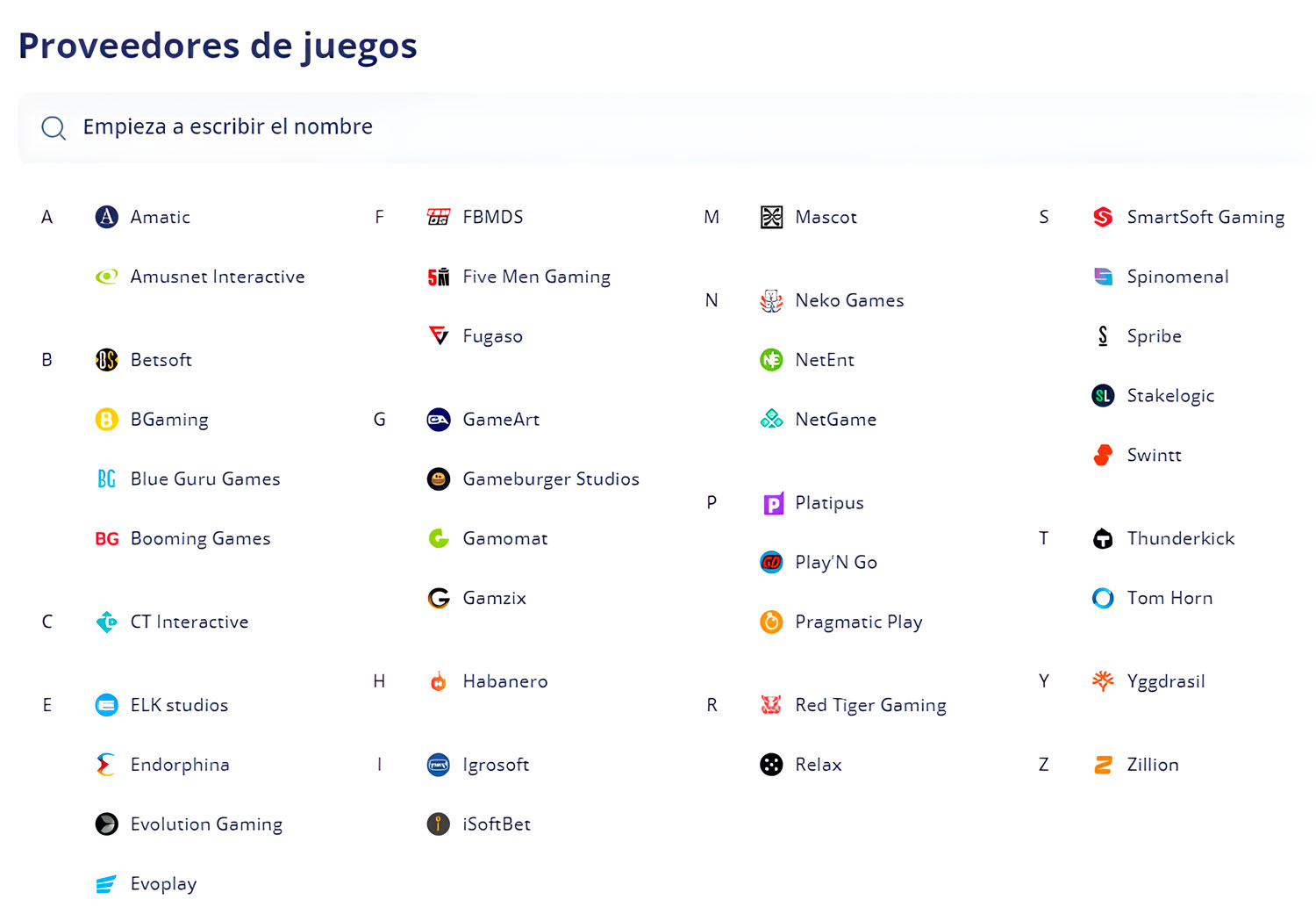 Proveedores de juegos